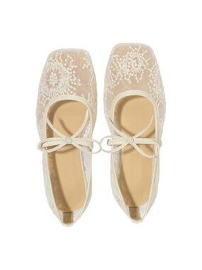 Lace Mesh Ballet Flats with Embroidery Square Toe Dress Shoes